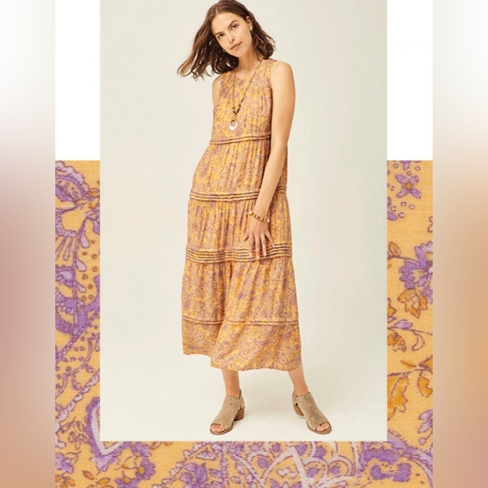 J.Jill Yellow Purple Floral Paisley Tiered Sleeveless Dress - Picture 2 of 10